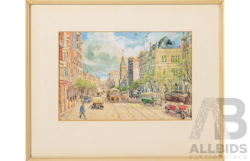 F.Kenwood Giles, (20th C., British, 1899-1972), Collins St Melbourne (1921) & Parliament House, Canberra (1933), Truly Wonderful Pair of Antique Original Watercolours, 44 x 35 cm (frame Canberra) (2)