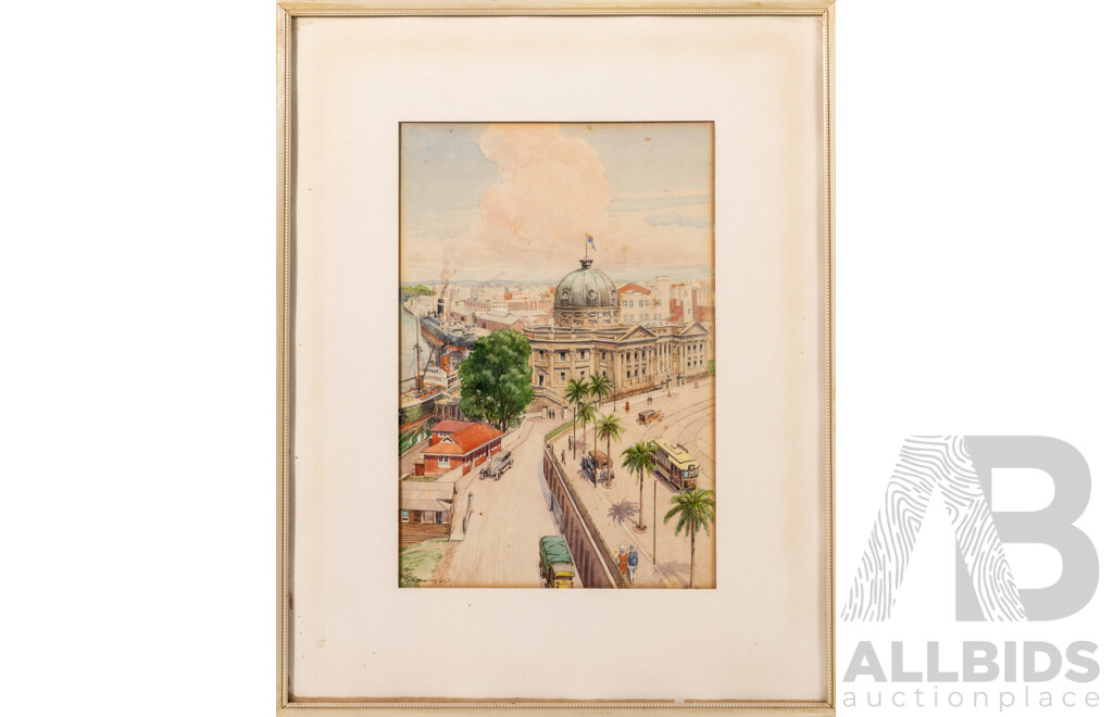 F.Kenwood Giles, (20th C., British, 1899-1972), Circular Quay, Sydney (1928) & Sydney Town Hall, Beautiful Pair of Antique Original Watercolours, 44 x 35 cm (largest frame) (2)