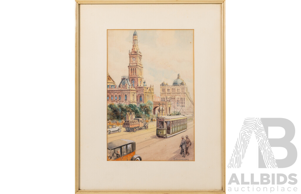F.Kenwood Giles, (20th C., British, 1899-1972), Circular Quay, Sydney (1928) & Sydney Town Hall, Beautiful Pair of Antique Original Watercolours, 44 x 35 cm (largest frame) (2)