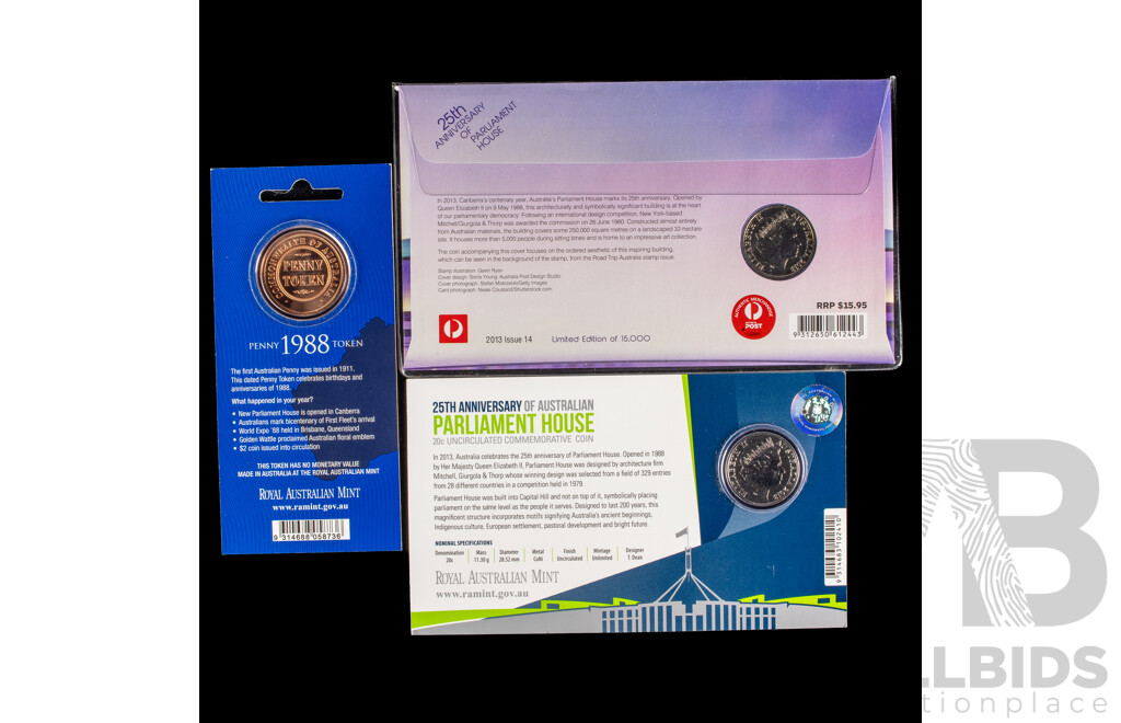 Australian 2013 PNC and RAM Twenty Cent 25th Anniversary of Parliament House, 1988 Penny Token