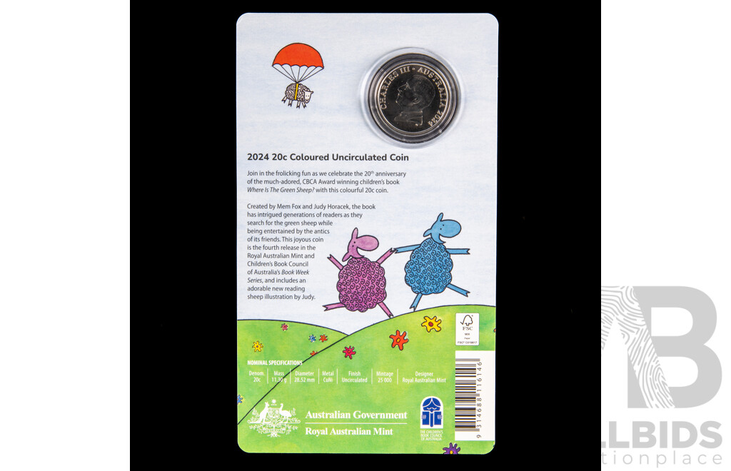 Australian RAM 2024 Coloured Twenty Cent Coins and Book, Where is the Green Sheep?