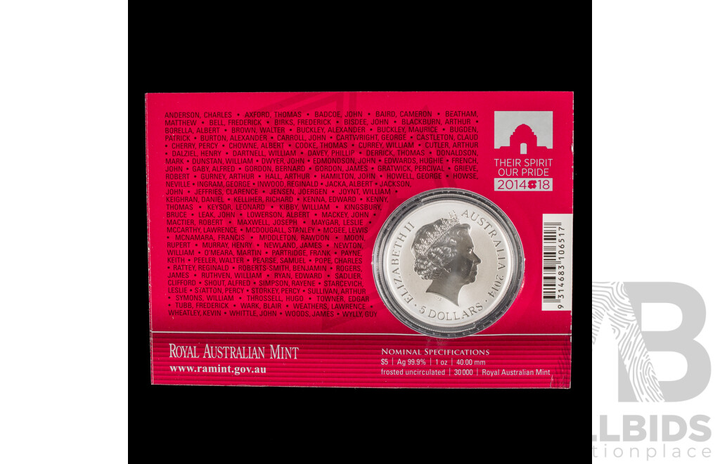 Australian RAM 2014 Silver Frosted Five Dollar Coin, for Valour Victoria Cross .999
