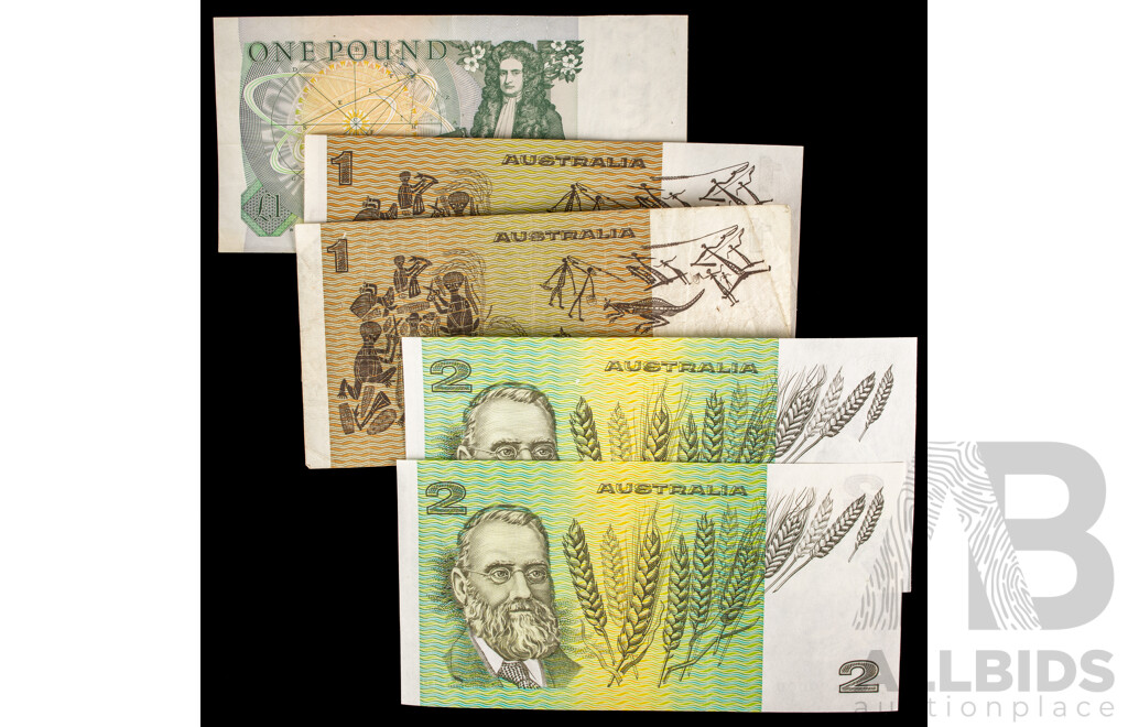 Two Australian 1985 Two Dollar Notes, Johnston/Fraser, Two 1982 One Dollar Notes Johnston/Stone, UK One Pound Note