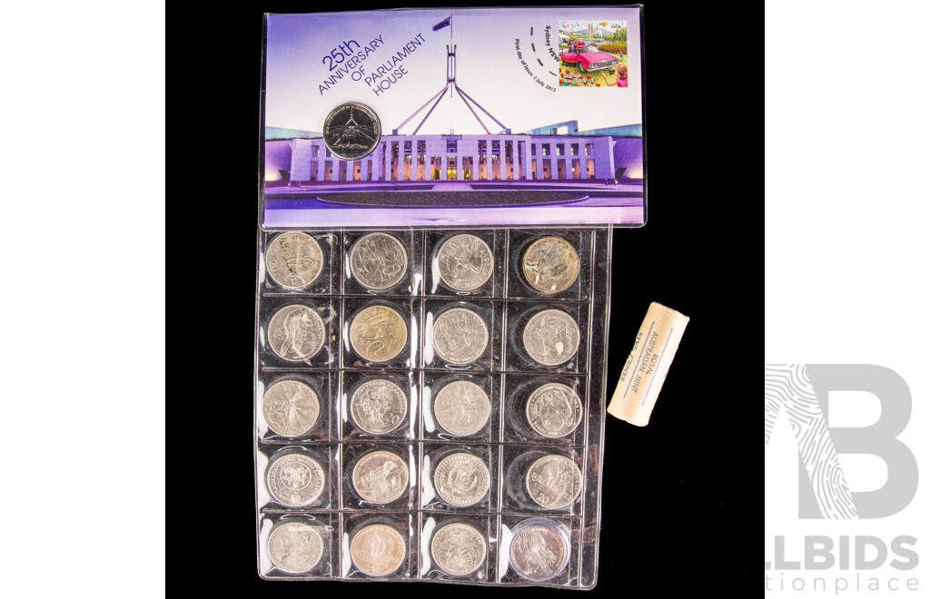 Australian 1979 Five Cent Coin Roll with Twenty Commemorative Twenty Cent Coins Including 2013 PNC 25th Year Parliament House, 2016 Fifty Years Decimal Currency, 2011 Women's Day, 2013 Canberra Centenary and More