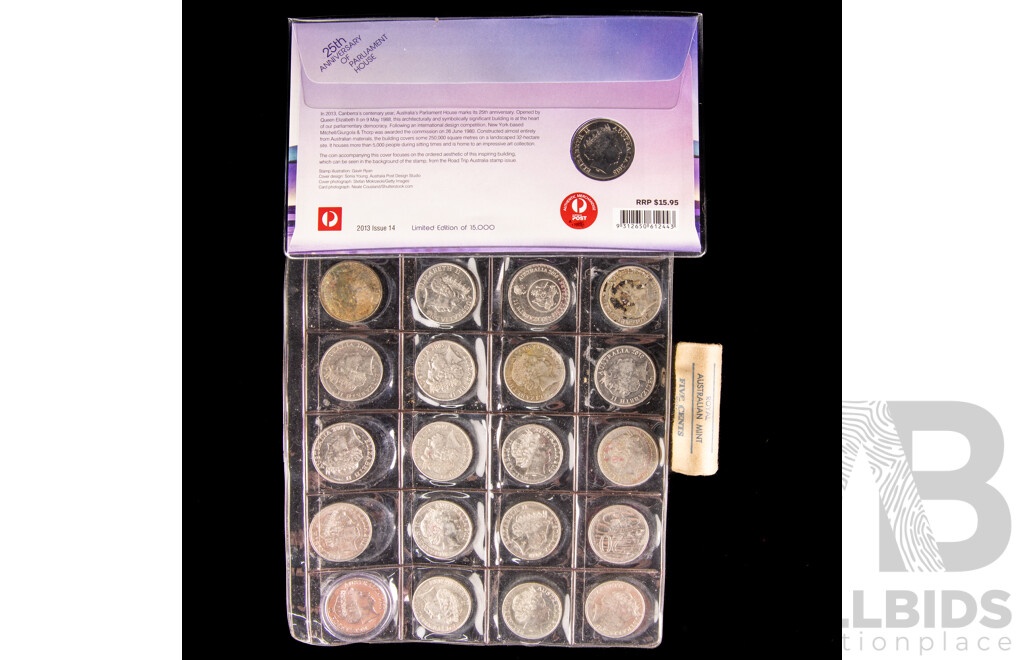 Australian 1979 Five Cent Coin Roll with Twenty Commemorative Twenty Cent Coins Including 2013 PNC 25th Year Parliament House, 2016 Fifty Years Decimal Currency, 2011 Women's Day, 2013 Canberra Centenary and More