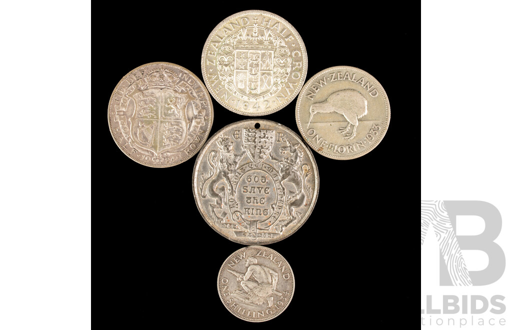 Great Britain 1902 King Edward VII Accession Medal, 1924 Silver Half Crown, New Zealand 1933 Silver Florin, 1942 Half Crown, 1934 One Shilling