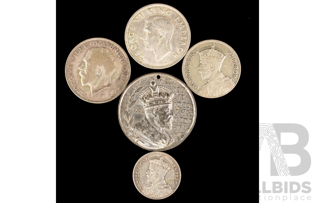 Great Britain 1902 King Edward VII Accession Medal, 1924 Silver Half Crown, New Zealand 1933 Silver Florin, 1942 Half Crown, 1934 One Shilling