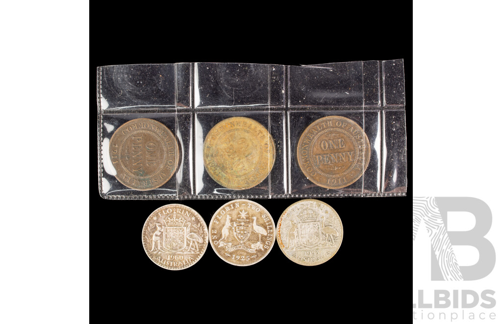 Three Australian Florins Including 1925, 1953, 1960 with Three 1911 KGV Pennies