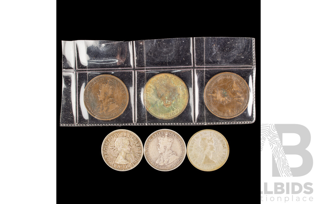 Three Australian Florins Including 1925, 1953, 1960 with Three 1911 KGV Pennies