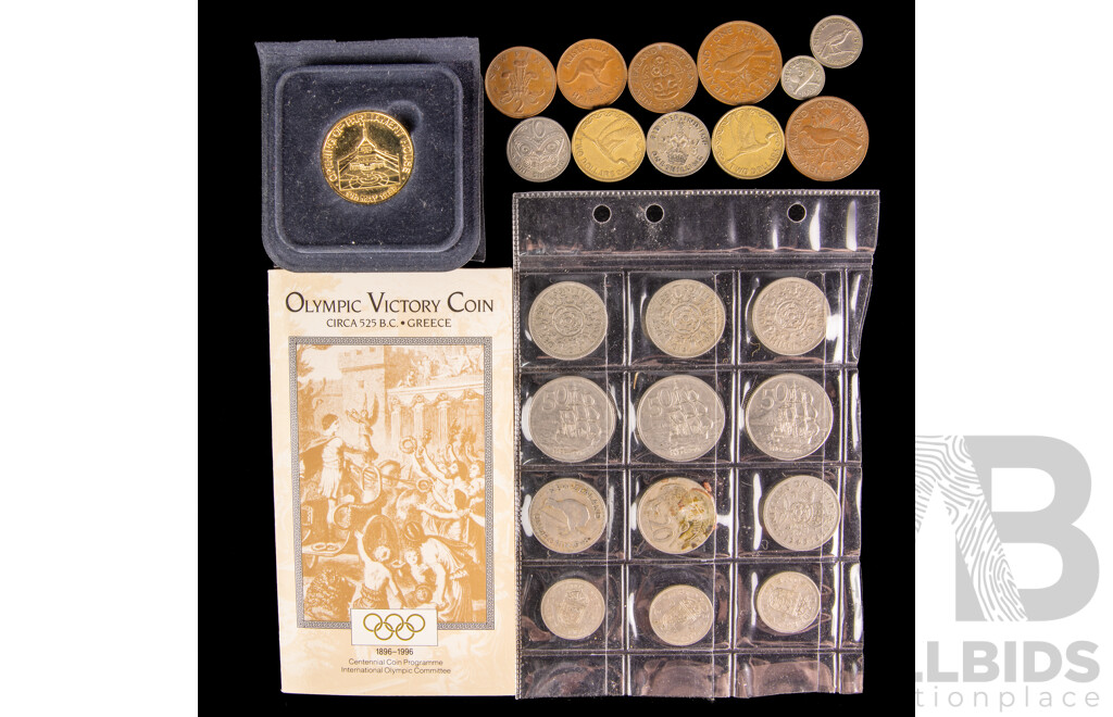 Collection of Coins Including 1988 Parliament House Medallion, 1996 Olympic Victory Coin, Great Britain, New Zealand Silver Threepence