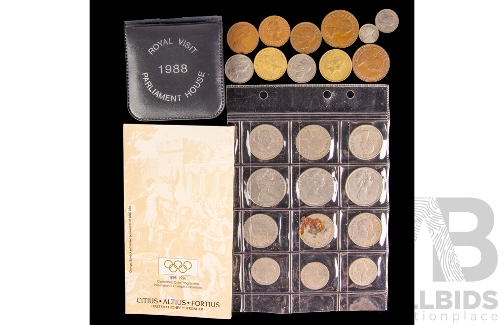Collection of Coins Including 1988 Parliament House Medallion, 1996 Olympic Victory Coin, Great Britain, New Zealand Silver Threepence
