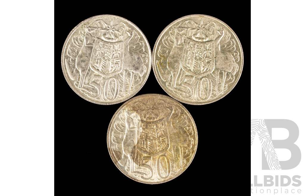 Three Australian 1966 Round Silver Fifty Cent Coins .800