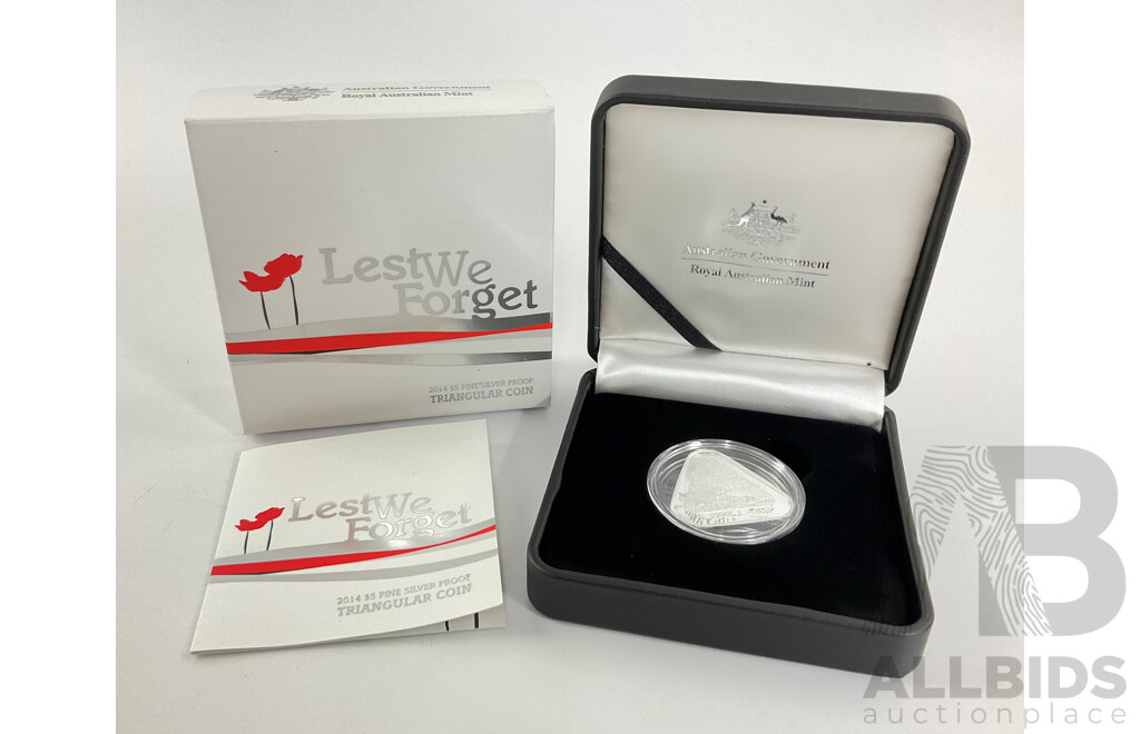 Australian RAM 2014 Silver Five Dollar Proof Triangular Coin, Lest We Forget .999