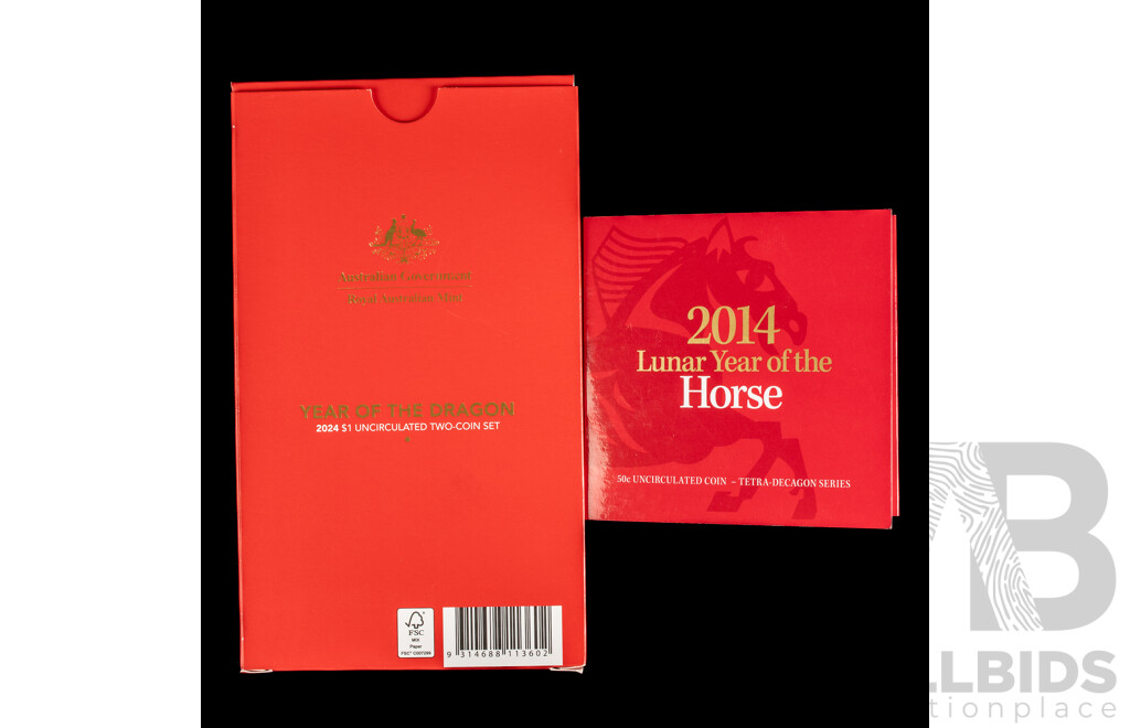 Australian RAM 2024 Two One Dollar Set, Year of the Dragon and 2014 Fifty Cent, Year of the Horse