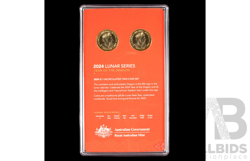 Australian RAM 2024 Two One Dollar Set, Year of the Dragon and 2014 Fifty Cent, Year of the Horse