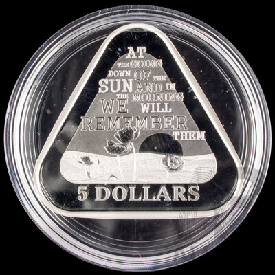 Australian RAM 2014 Silver Five Dollar Proof Triangular Coin, Lest We Forget .999