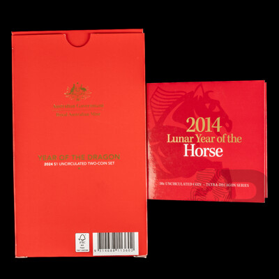 Australian RAM 2024 Two One Dollar Set, Year of the Dragon and 2014 Fifty Cent, Year of the Horse