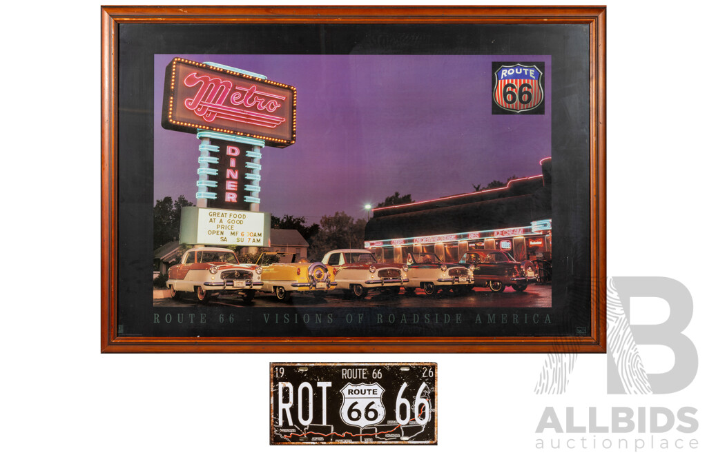 Lucinda Lewis (20th Century, American), Route 66 - Visions of Roadside America, Vintage Colour Poster with Facsimile License Plate, 68 x 98 cm (frame)