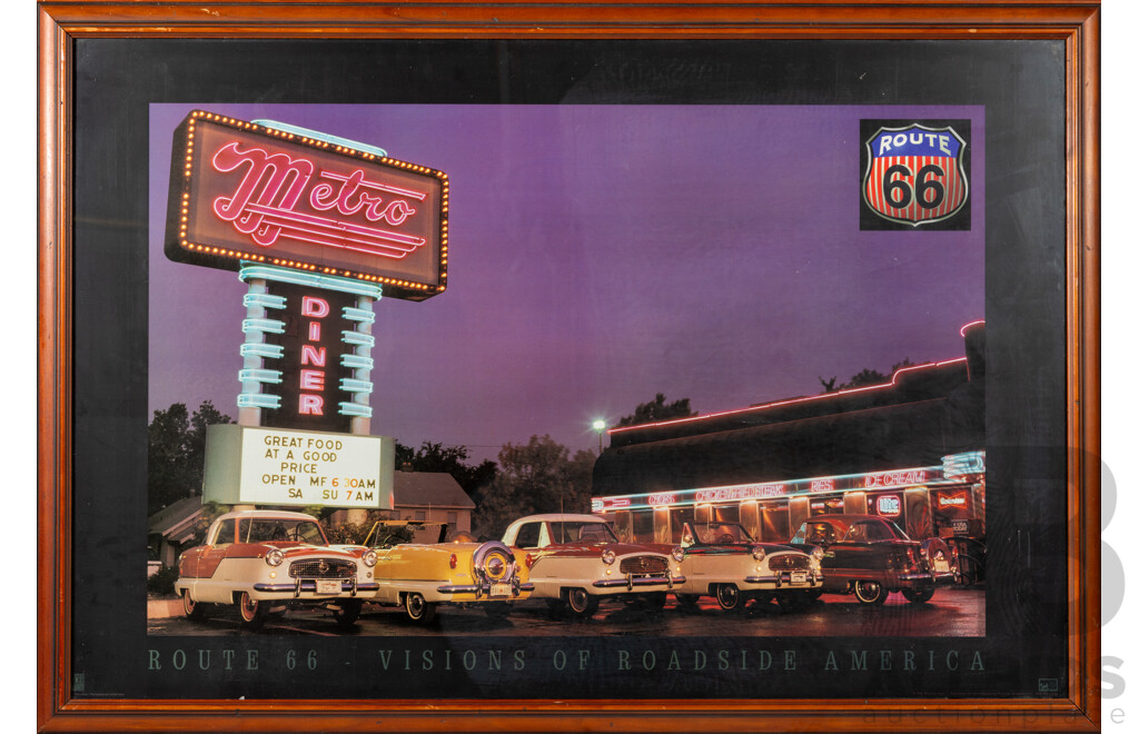 Lucinda Lewis (20th Century, American), Route 66 - Visions of Roadside America, Vintage Colour Poster with Facsimile License Plate, 68 x 98 cm (frame)