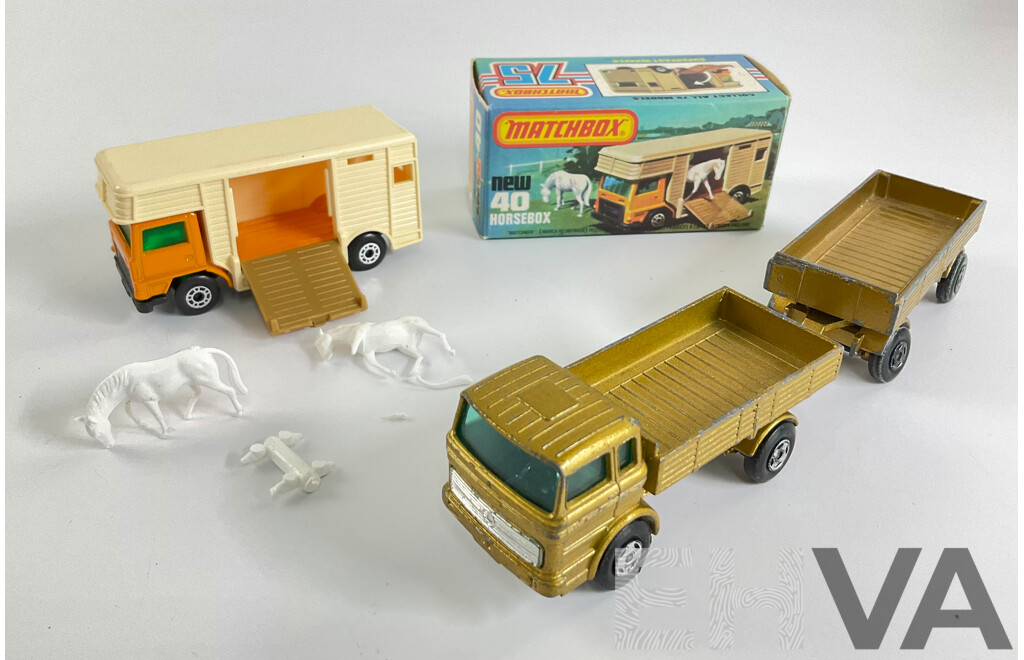 Vintage Matchbox Superfast No. 40 Bedford Horse Box and Box with Matchbox Superfast No. 1 Mercedes Truck with Trailer