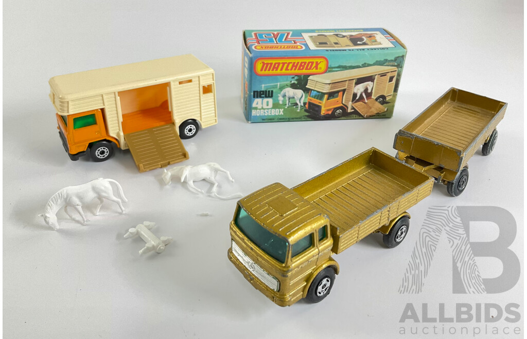 Vintage Matchbox Superfast No. 40 Bedford Horse Box and Box with Matchbox Superfast No. 1 Mercedes Truck with Trailer
