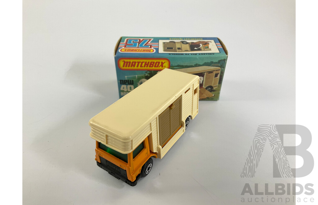 Vintage Matchbox Superfast No. 40 Bedford Horse Box and Box with Matchbox Superfast No. 1 Mercedes Truck with Trailer