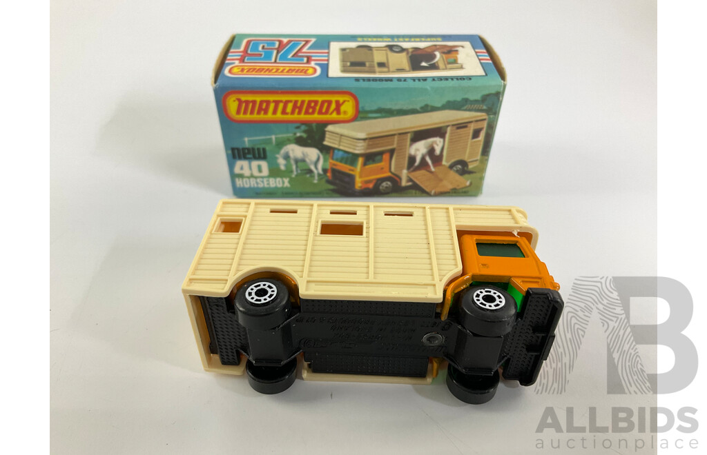 Vintage Matchbox Superfast No. 40 Bedford Horse Box and Box with Matchbox Superfast No. 1 Mercedes Truck with Trailer