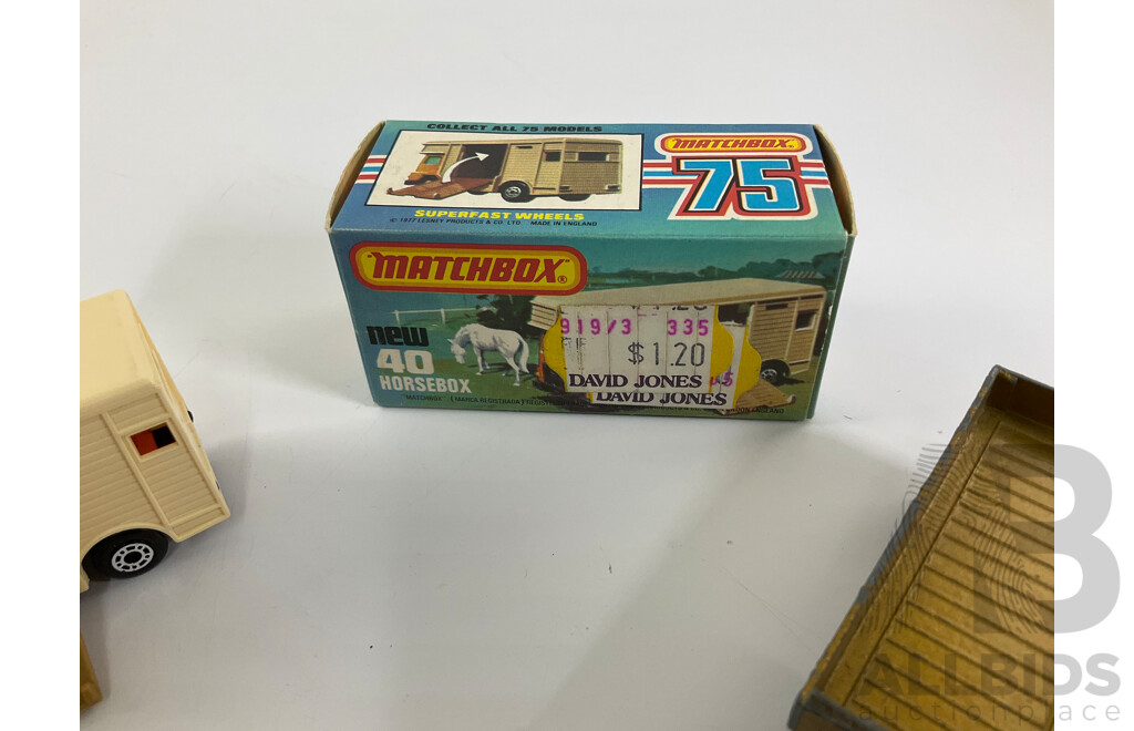 Vintage Matchbox Superfast No. 40 Bedford Horse Box and Box with Matchbox Superfast No. 1 Mercedes Truck with Trailer