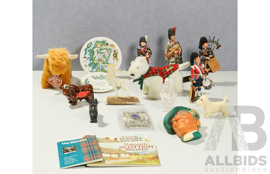Collection Scottish Themed Items Including Bossons Hand Painted Scotsman Wall Plaque, Harrods Scotty Dog Soft Toy and More