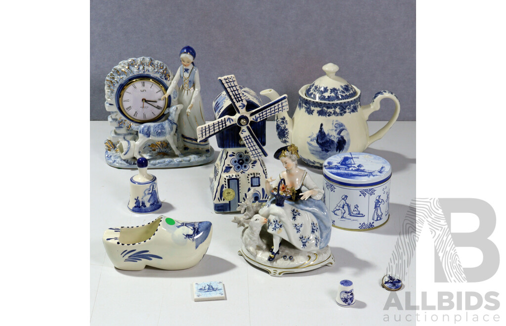 Collection Decorative Blue & White Items Including Delft Windmill and Clog, Unter Weis Figure, Delt Style Clock, Robert Gordon Teapot and More