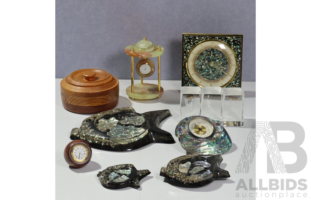 Collection Decorative Items Including Oxyx Based Clock, Nz Paua Shell Items Including Clock and More