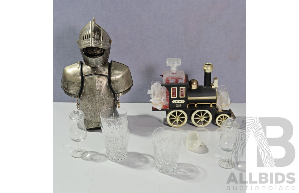 Retro Knight Torso Decanter Holder with Iron Horse Train Shot Glass Set, Five Crystal Whisky Tumblers and  More