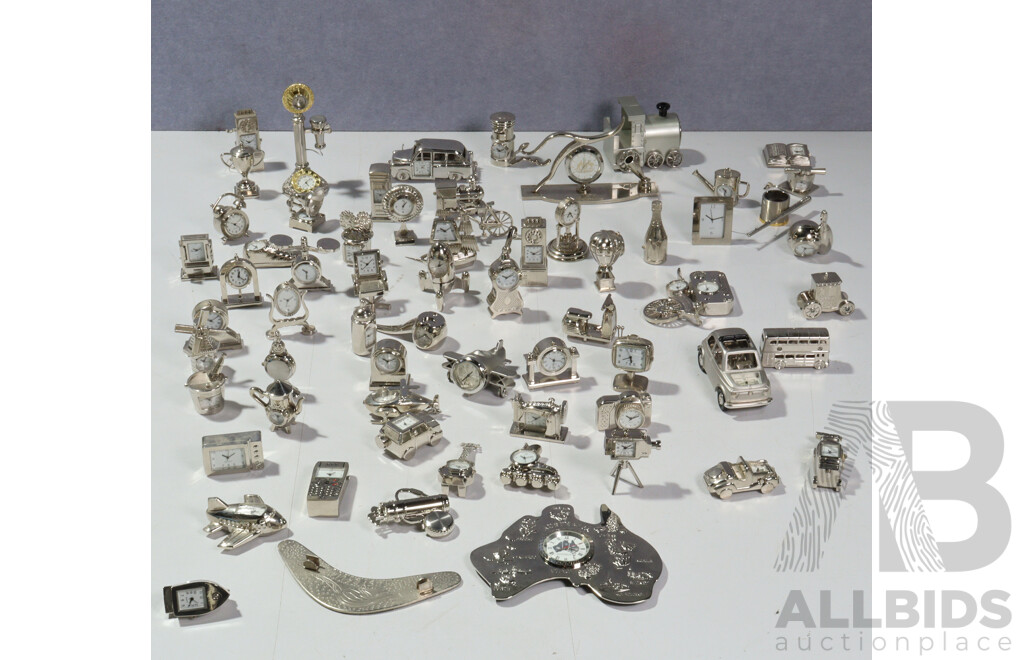 Large Collection Miniature Clocks by Hachette with Accompanying Booklets Along with Other Miniature Clocks