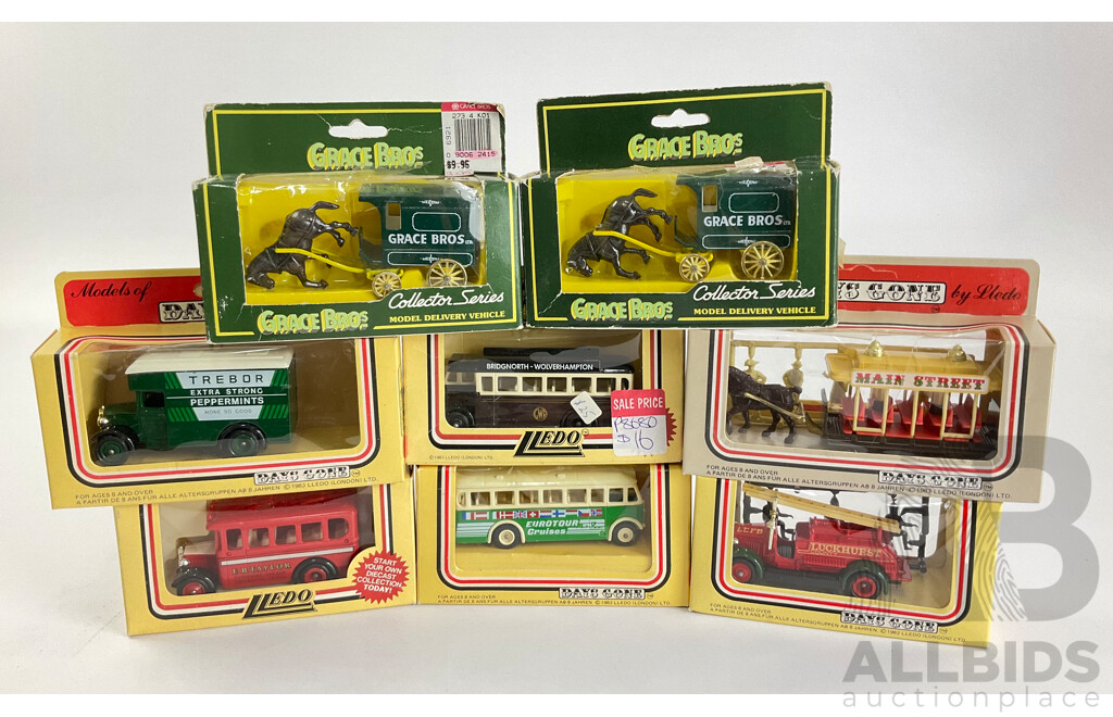 Eight Lledo Days Gone Diecast Horse Drawn Vehicles and Buses and Fire Truck with Grace Bros Horse Drawn Carts