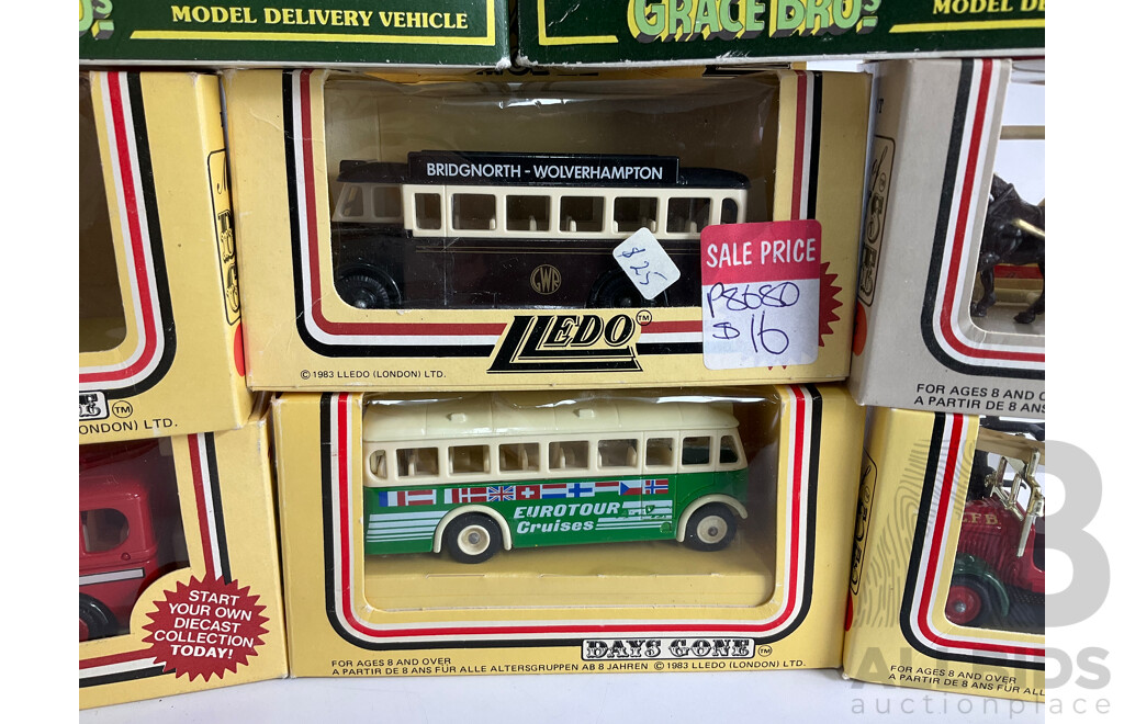 Eight Lledo Days Gone Diecast Horse Drawn Vehicles and Buses and Fire Truck with Grace Bros Horse Drawn Carts
