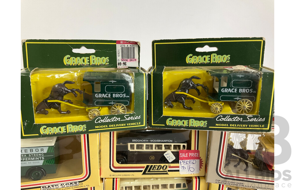Eight Lledo Days Gone Diecast Horse Drawn Vehicles and Buses and Fire Truck with Grace Bros Horse Drawn Carts