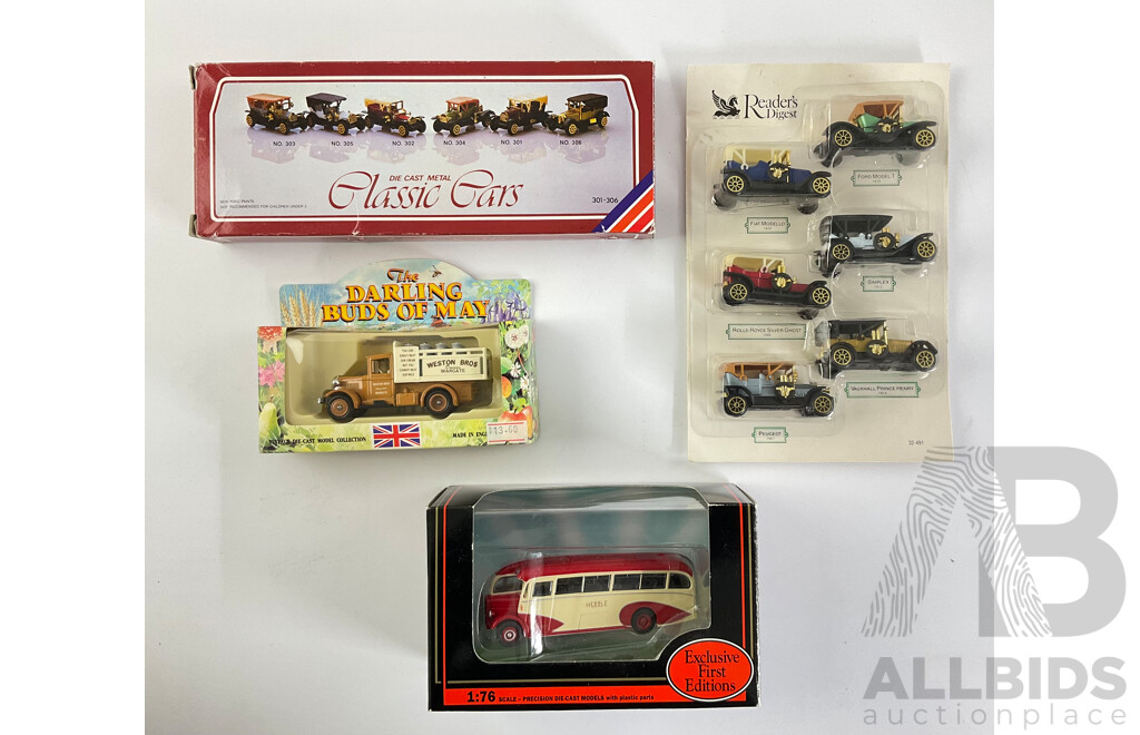 Exclusive First Editions Diecast  Leyland PS1 Tiger Windover Bus, Darling Buds of May Dairy Truck, Readers Digest Classic Cars