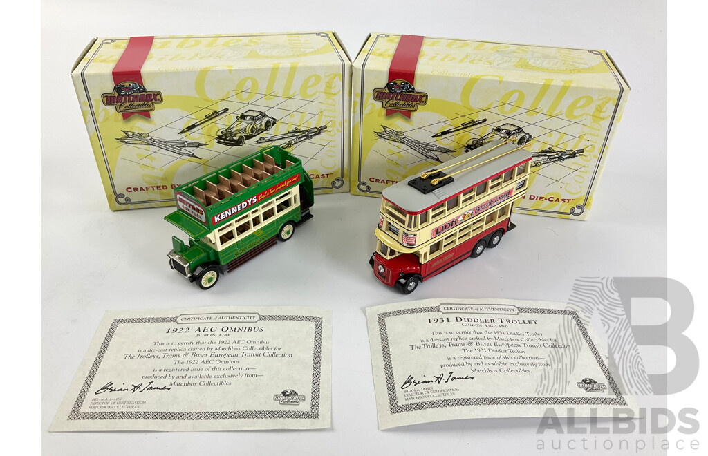 Matchbox 'Models of Yesteryear' Diecast 1922 AEC Omnibus Dublin Eire YET05-M and 1931 Diddler Trolley Bus YET03-M