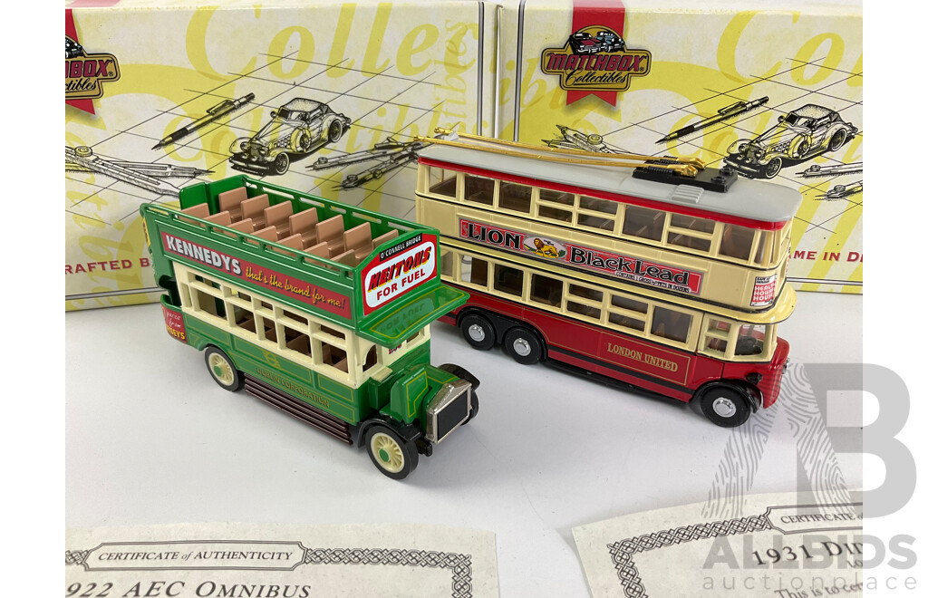 Matchbox 'Models of Yesteryear' Diecast 1922 AEC Omnibus Dublin Eire YET05-M and 1931 Diddler Trolley Bus YET03-M