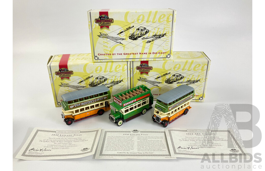 Matchbox 'Models of Yesteryear' Diecast 1922 AEC Omnibus Dublin Eire YET05-M and Two 1930 Leyland Titan Glasgow, Scotland YET02-M