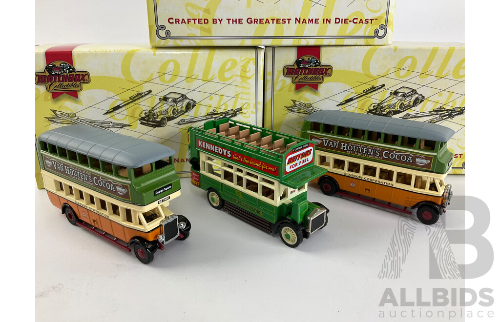 Matchbox 'Models of Yesteryear' Diecast 1922 AEC Omnibus Dublin Eire YET05-M and Two 1930 Leyland Titan Glasgow, Scotland YET02-M
