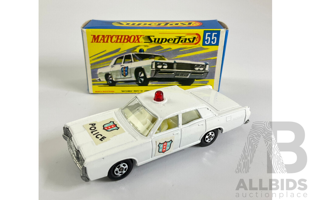Vintage Diecast Matchbox Superfast No. 55 Mercury Park Lane Police Car, with Original Box