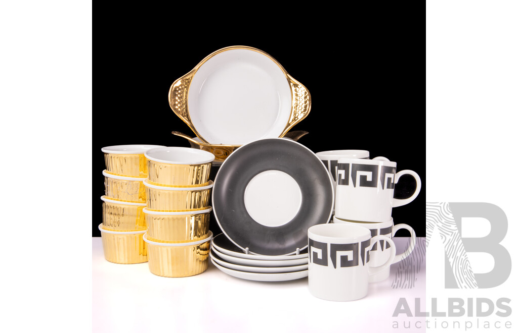 Wedgwood Five Duos in Suzie Cooper Designed Black Keystone Along with Set Six Royal Worcester Ramekins and Two Appetizer Dishes