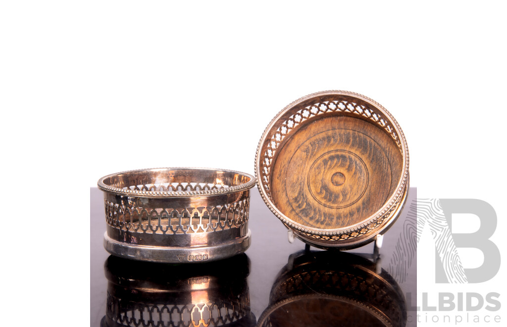 Two Sterling Silver Garrard & Co Wine Bottle Coasters with Wooden Bases, Sheffield, 1987