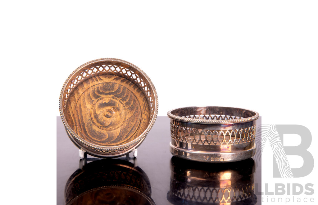 Two Sterling Silver Garrard & Co Wine Bottle Coasters with Wooden Bases, Sheffield, 1987