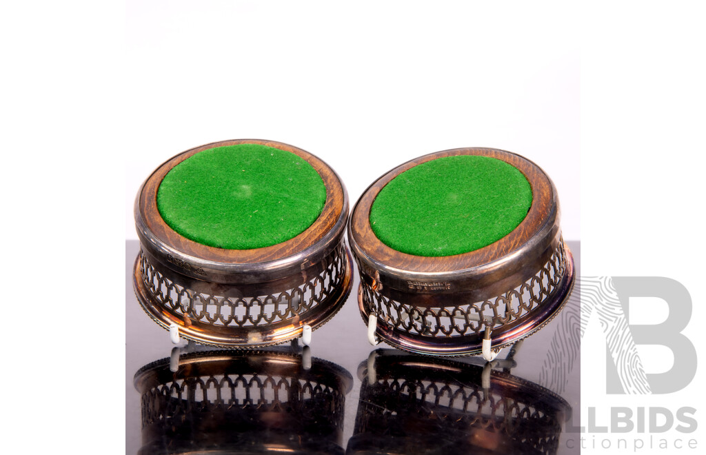 Two Sterling Silver Garrard & Co Wine Bottle Coasters with Wooden Bases, Sheffield, 1987
