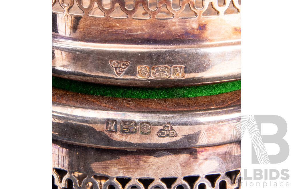 Two Sterling Silver Garrard & Co Wine Bottle Coasters with Wooden Bases, Sheffield, 1987