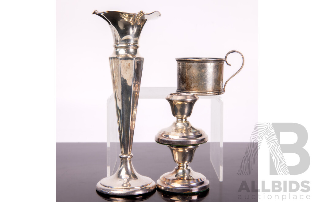 Collection Sterling Silver Comprising Bud Vase, Birmingham 1942, Pair Candle Holders, London 1975 & Cup Holder Birmingham 1910