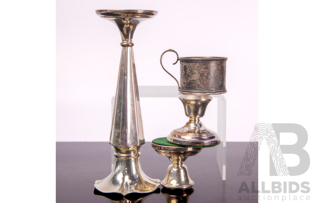 Collection Sterling Silver Comprising Bud Vase, Birmingham 1942, Pair Candle Holders, London 1975 & Cup Holder Birmingham 1910