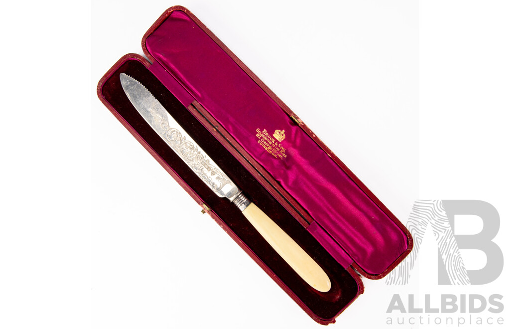 Antique Knife with Sterling Silver Engraved Blade and Ivory Handle, Sheffield 1902, Martin, Hall & Co